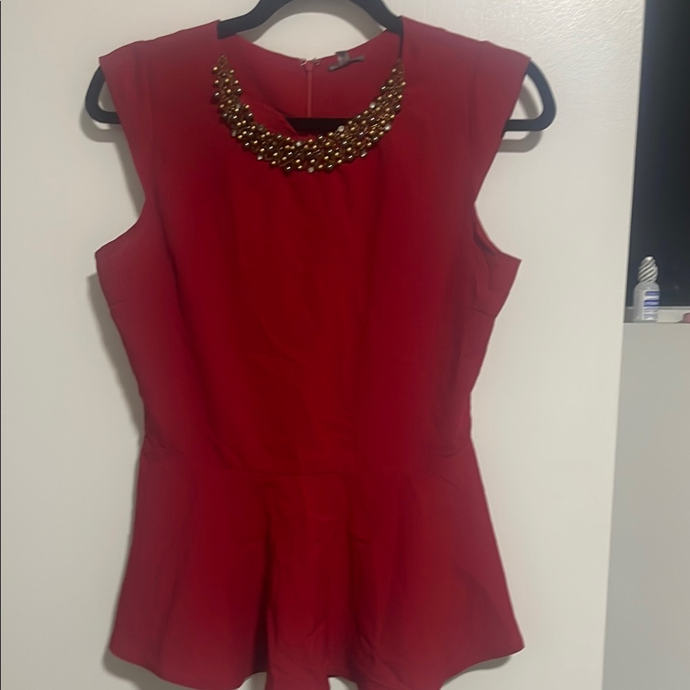 Red Sleeveless Peplum Blouse with Gold Embellished Neckline